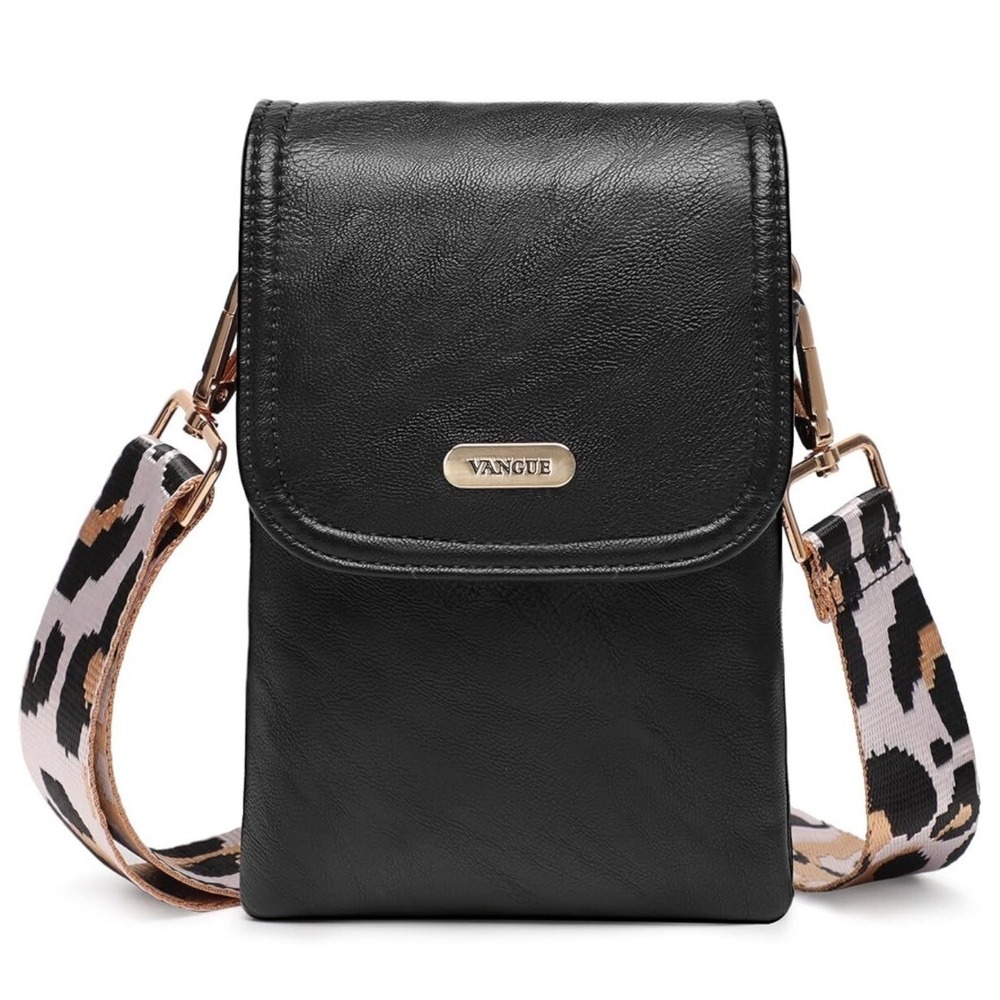 Vintage 90s Vangue Crossbody Bag Leopard Strap Phone Purse Black Small